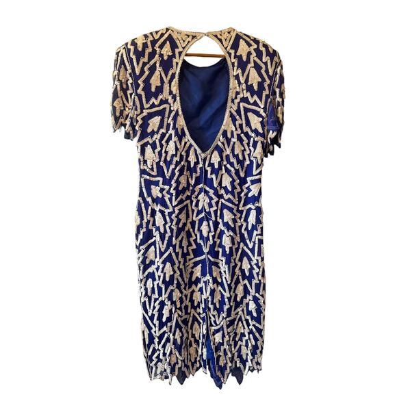 Vintage Swee Lo | Blue + White Sequin Silk Cocktail Dress | Size Small - Picture 3 of 6